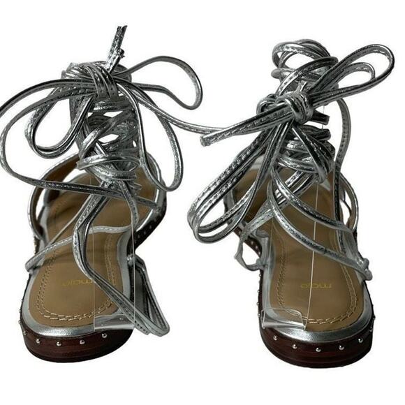 Maje Argent Silver Studded Cutout Leather Gladiator Strap Ankle Tie Flat Sandals - Picture 5 of 7